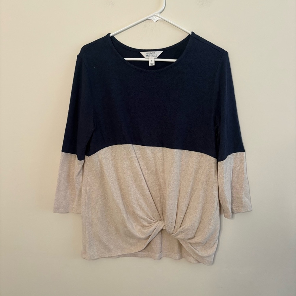 Market & Spruce Women’s Medium 3/4 Sleeve Top Blue Beige Soft boho coastal